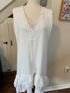 Giocam White Peruvian Cotton Crochet Lace V-Neck Sleeveless Dress L